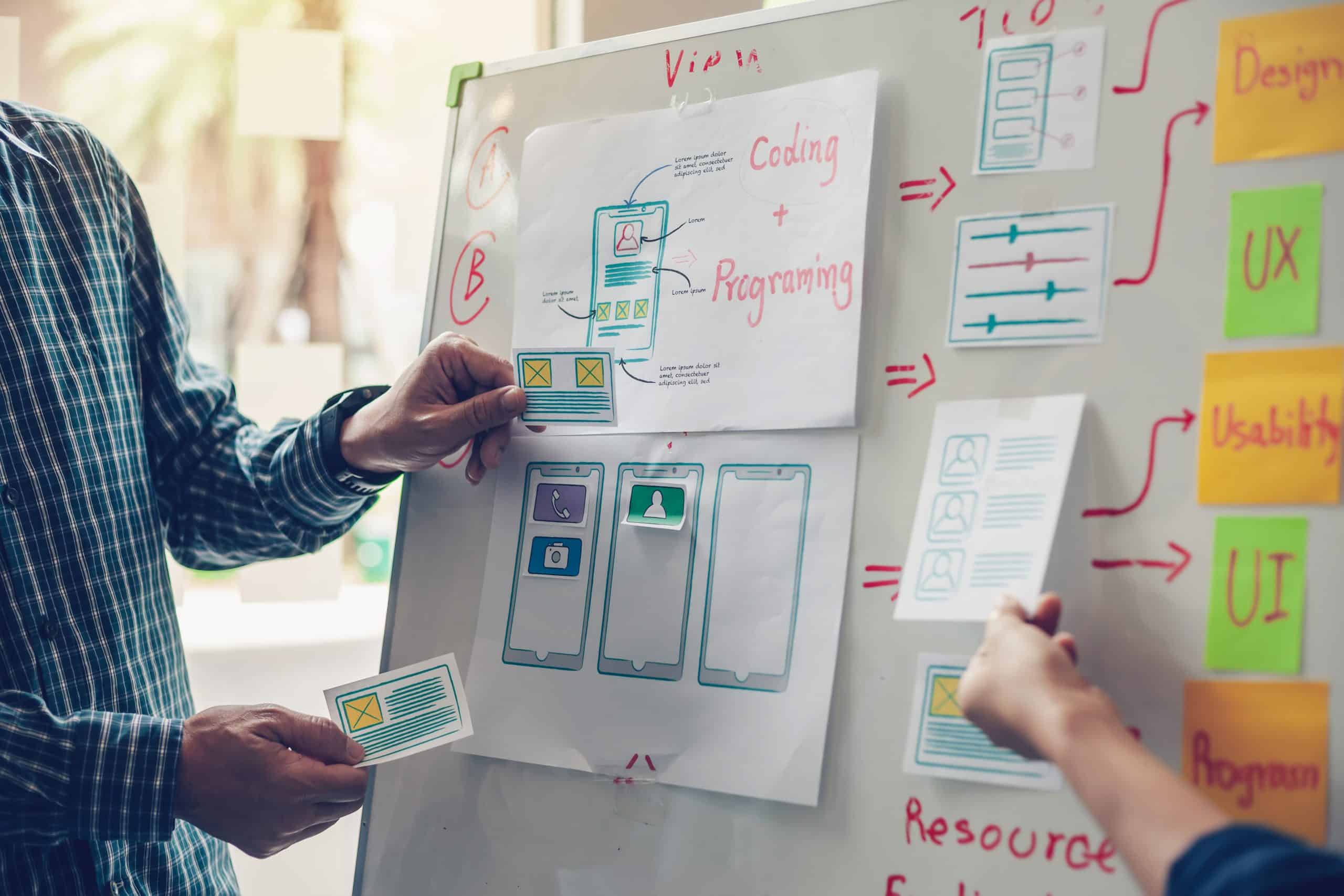 Designer team drawing website ux app development application for mobile phone.