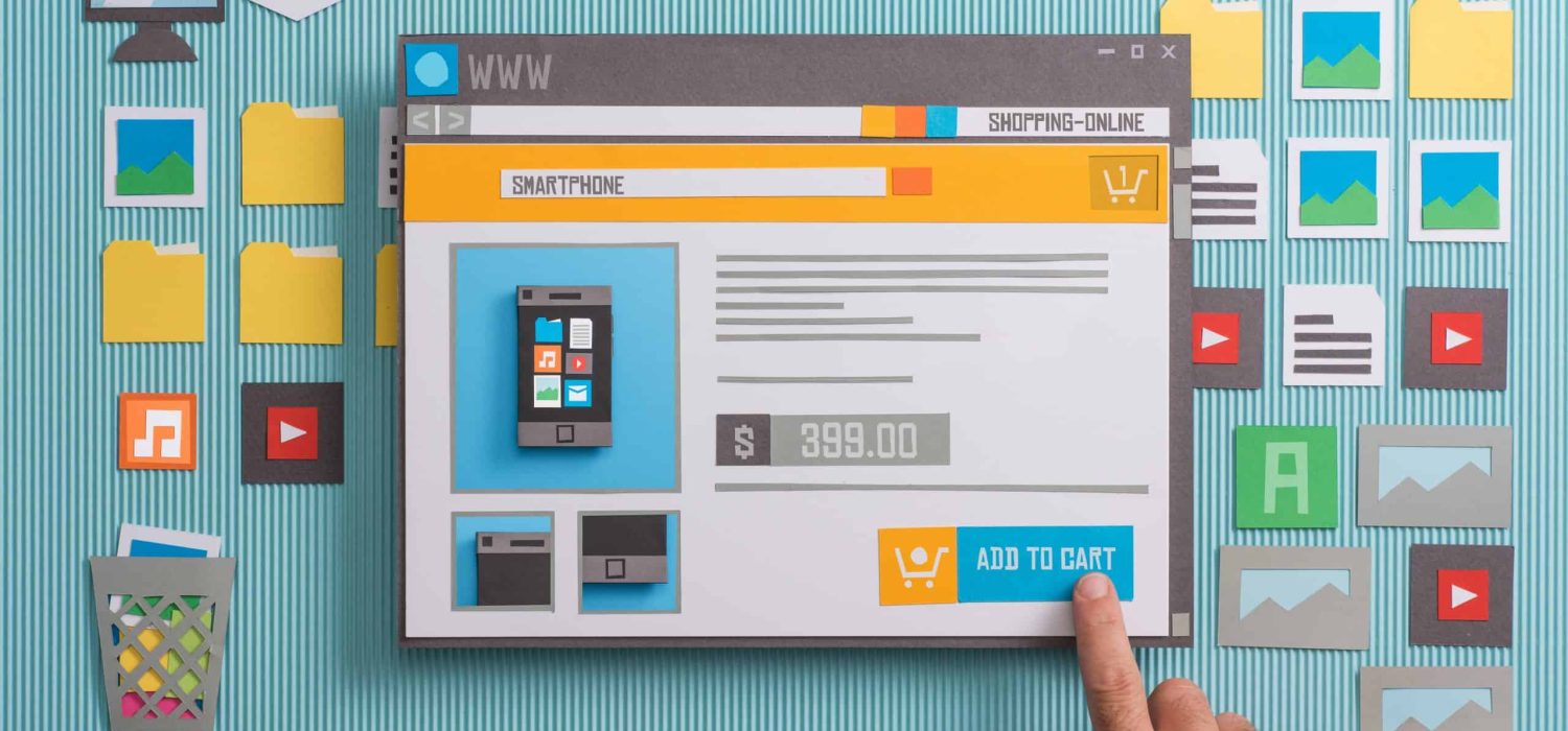 Online shopping website with product pictures and price in a browser window, the user is adding the item to the shopping cart, collage and paper cut composition